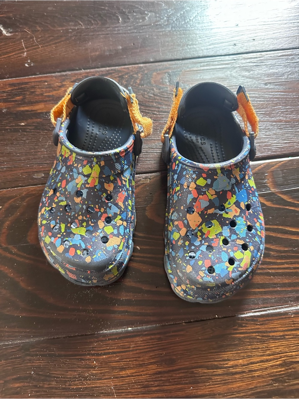 CROCS Kids All Terrain Navy Multi-Color Splash Water Clogs with Orange Straps